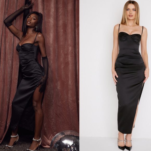 HOUSE OF CB 'Flora' Black Satin Pleated Corset Midi Dress NWOT - Picture 3 of 9